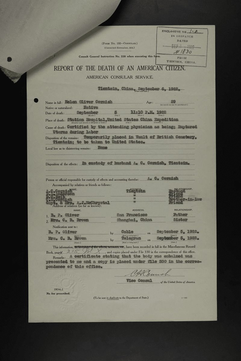 Death Report for Helen Oliver Cornish, 6 Sep 1922. Photo by Jake Fletcher