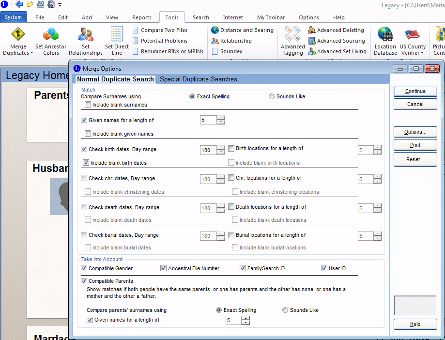 Legacy Family Tree -  TOOLS > MERGE DUPLICATES > FIND DUPLICATES