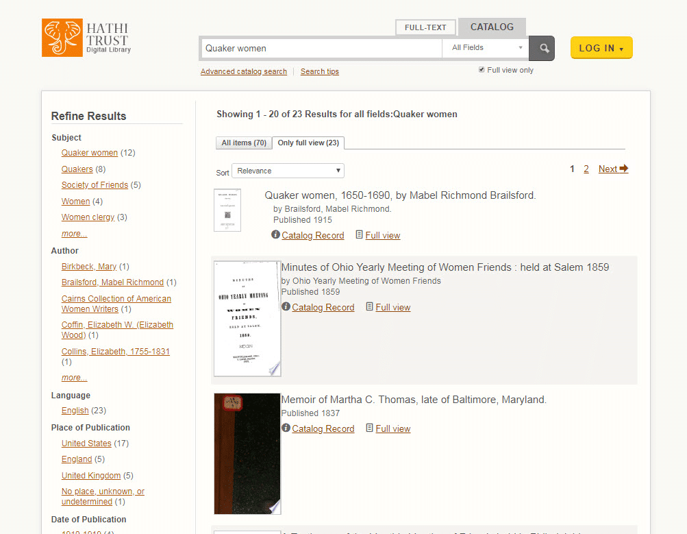 Hsearch for the keyword phrase, “Quaker women.”