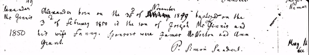 McGINNIS Baptism Alex 1850 McGINNIS Baptism Alex 1850