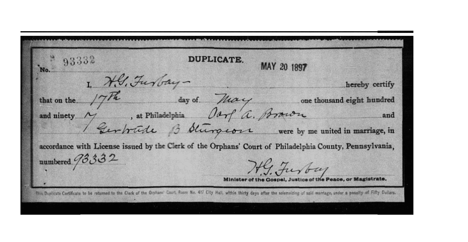 Brown, Carl A and Sturgeon, Gertrude B 1897 marriage record page 2