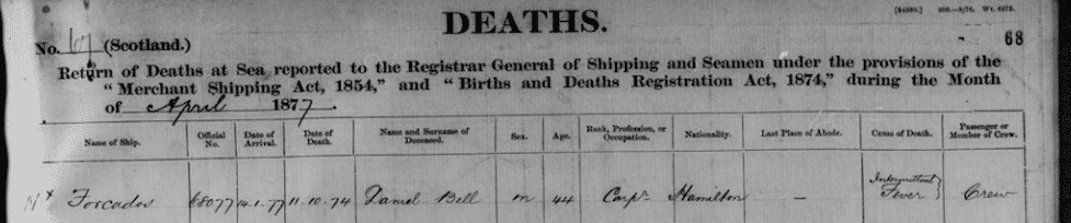 Return of Deaths at Sea (BT 159/8), Apr 1877, page 68. Accessed at BMD Register.com