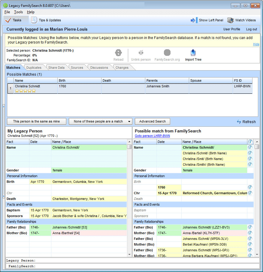 The stand-alone FamilySearch screen in Legacy.