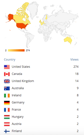 World map showing breakdown of visitors to my blog by country.  "Stats for 2016 < Travelogues of a Genealogist," WordPress.com. Accessed 20 Jan 2016.