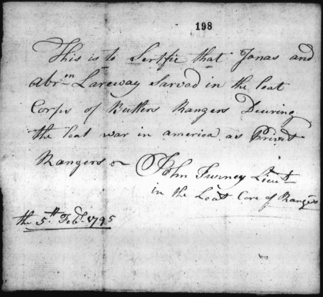 Film 1146. 1795 Certificate that Jonas & Abraham Larroway were in Butler's Rangers in American Revolution
